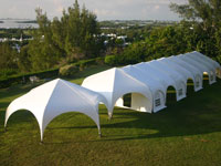 Several white tents set up on a green field