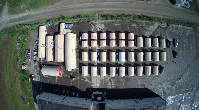 Fully operational fabric building overhead view of camp system at a cole mine in Illinois.
