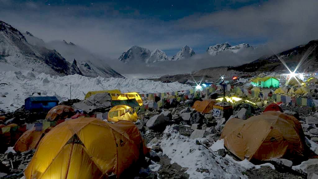 Mountaineers lodge at an Alaska Structures remote camp system at Jagged Globe’s Mount Everest basecamp. 