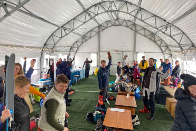 Alaska Structures backcountry ski facility The interior of the DAGB Series™ fabric building used by Bluebird Backcountry provides a spacious and weather-protected environment, supporting the needs of their backcountry skiing program.