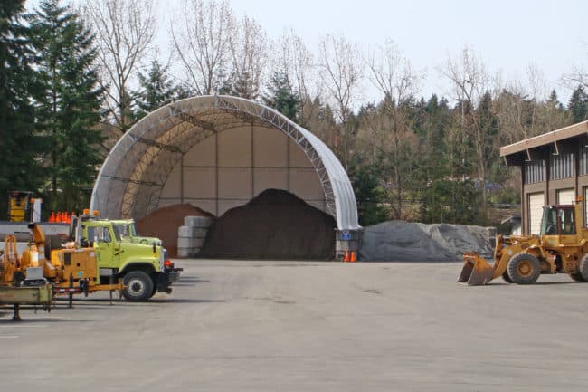 A large salt and sand storage building provides year-round protection for transportation departments.