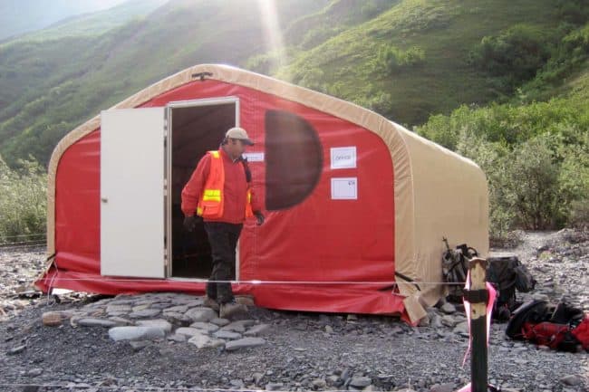 GB fabric shelters for field offices A 12' wide x 20' long field office, utilizing a GB Series™ fabric building from Alaska Structures®, offers a dedicated and weather-protected space for managing day-to-day operations at an exploration camp.