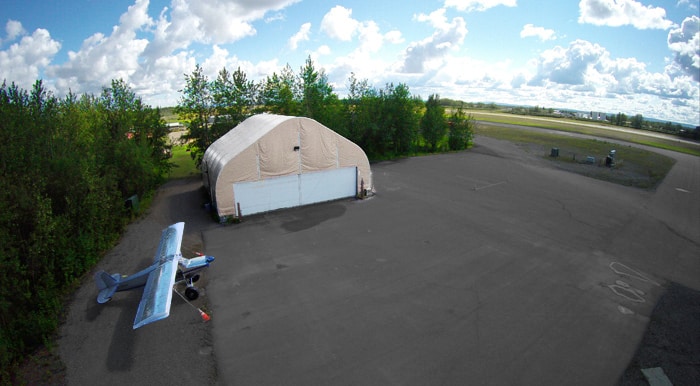 Gable truss fabric aircraft hangar - exterior.
