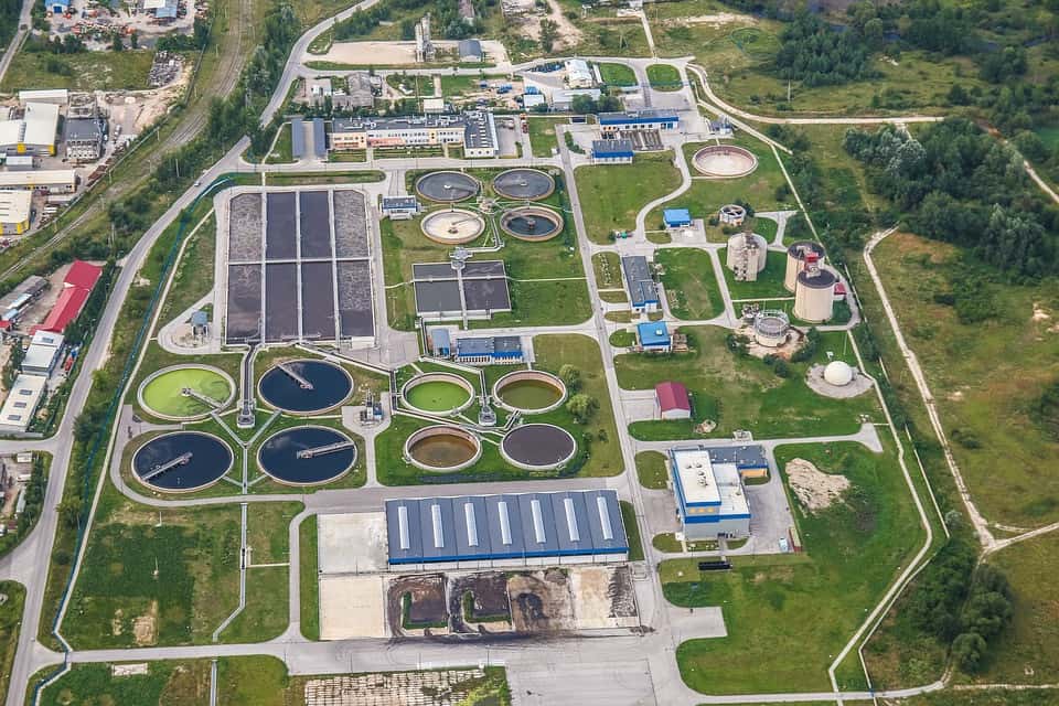An aerial view of a sewage treatment plant