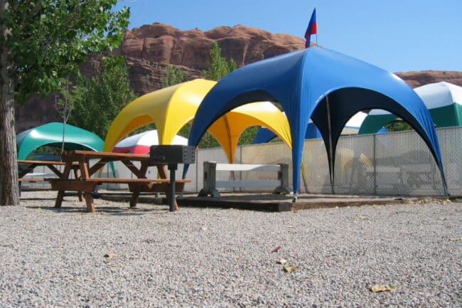 weatherport-canopy-10x10-archview-rv-resort-campground-1 10’ x 10’ WeatherPort® Canopies used for covered campground spots at Archview RV Resort and Campground in Moab, Utah.