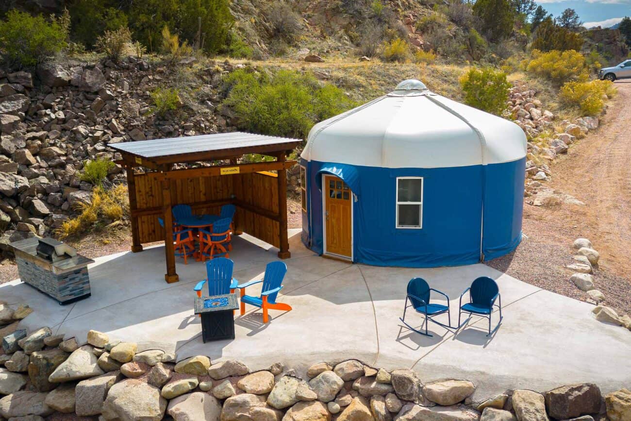 The “Blue Heron” yurt at Royal Gorge Rafting and Zipline Tours in Cañon City, Colorado, offers a riverside retreat.