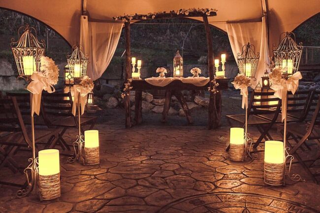 weatherport-8-sided-canopy-used-for-wedding-party-at-stonehouse-cafe-1 An 8-sided canopy creates a beautiful setting for an evening event at Stonehouse Café.