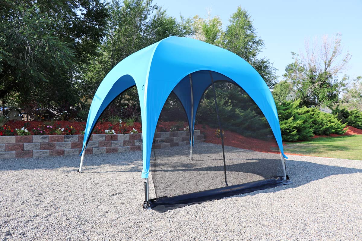 Full-screen side curtain for a WeatherPort® outdoor event structure.