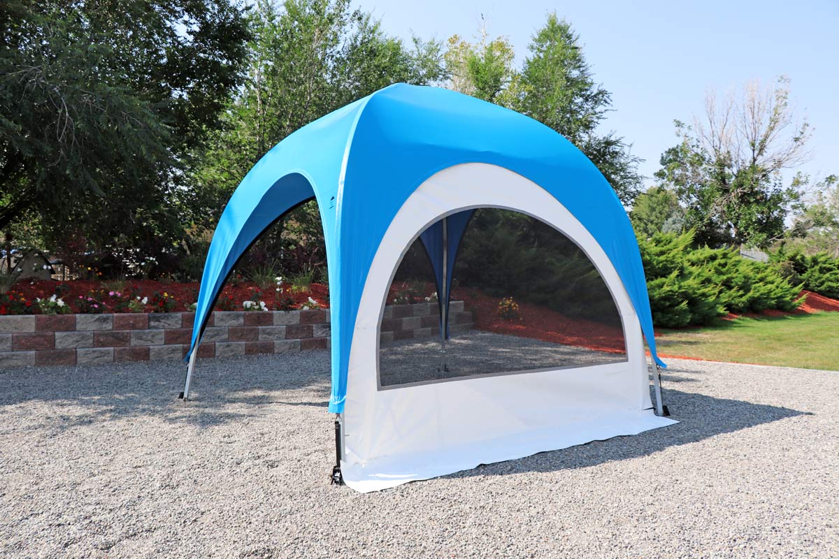 Jumbo Screen side curtain for a WeatherPort® outdoor event structure.