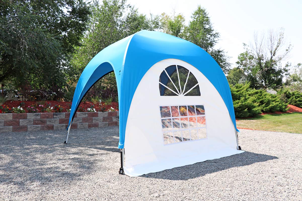 Paris side curtain for a WeatherPort® outdoor event structure.