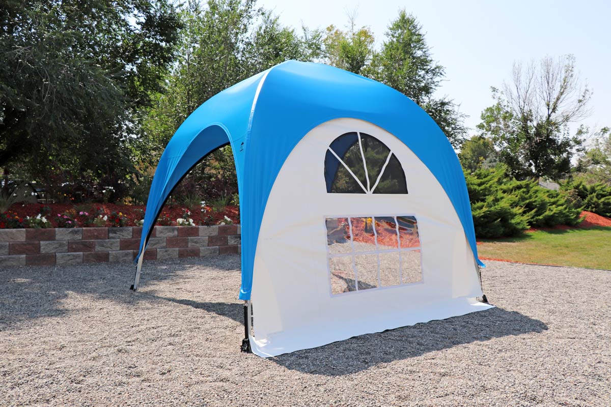 Rome side curtain for a WeatherPort® outdoor event structure.