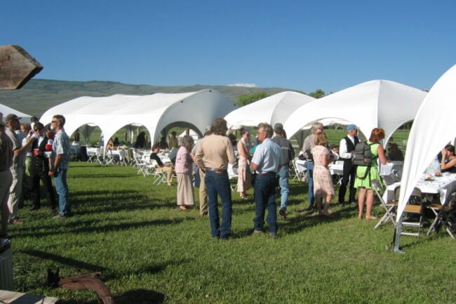 weatherport-event-structures-used-for-outdoor-wedding-1 WeatherPort® Jubilee event structures, 4-sided canopies, and a Hexapae™ (6-sided canopy) provide guests a covered sitting areas for an outdoor wedding.