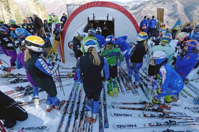 weatherport-start-gate-for-skiing-at-aspen-snowmass-ski-resort-from-alaska-structures-1 An engineered fabric building from Alaska Structures® with custom - printed logos serves as the ideal WeatherPort® Start Gate for skiing competitions at Aspen Snowmass
