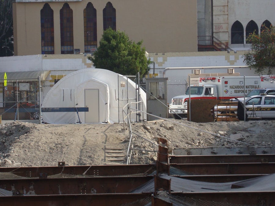 Medical shelter for TV show Eleventh Hour using SQ Series fabric building from Alaska Structures