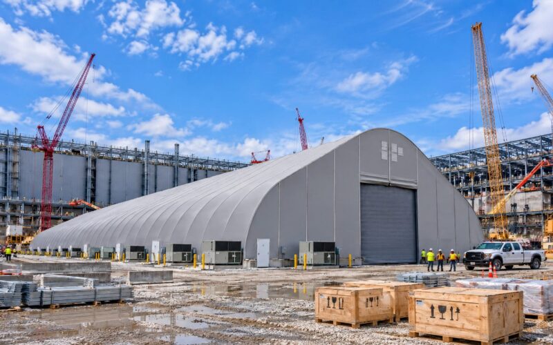 climate-controlled-material-storage-facility-for-data-center-construction-using-a-dagb-series-fabric-building-with-HVAC-from-alaska-structures-4.1 Interior of a DAGB Series fabric building used for climate-controlled material storage, with open-span space for palletized equipment.
