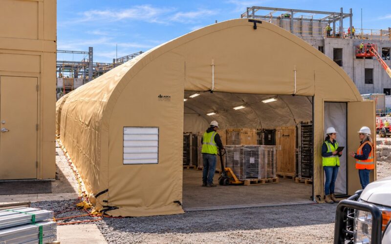climate-controlled-material-storage-facility-for-data-center-construction-using-an-hgb-series-fabric-building-from-alaska-structures-1 An HGB Series fabric building configured as a temperature-controlled storage facility for data center construction equipment.