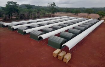100-person construction camp of GB Series fabric buildings with covered walkways at the Simandou project in Guinea