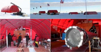 Fabric buildings and dome structures at the NEEM ice core drilling research camp on the Greenland ice sheet
